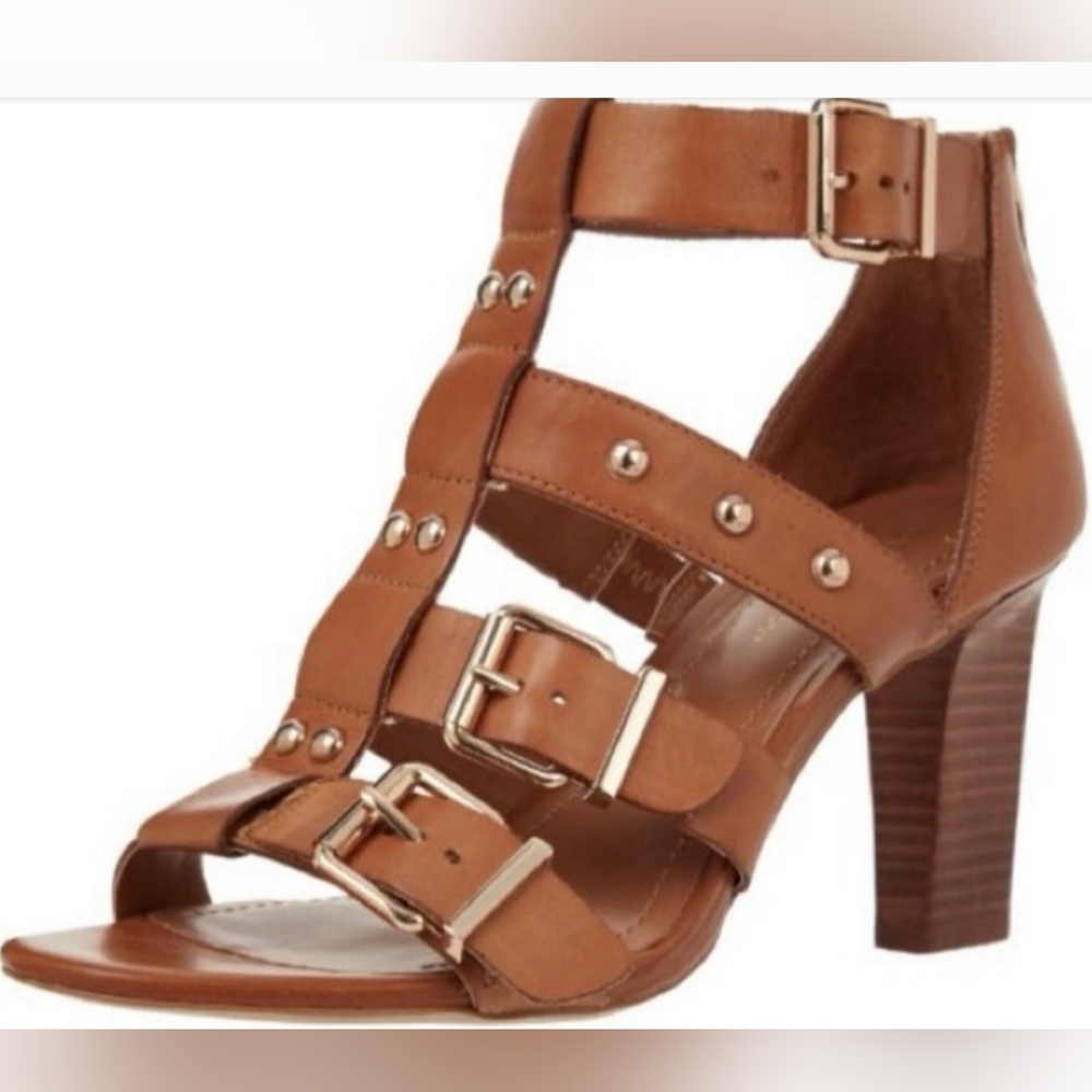 BCBG Fizzy Strappy Camel with Gold Buckles Dots and Zippers 3.5 inches Size 9